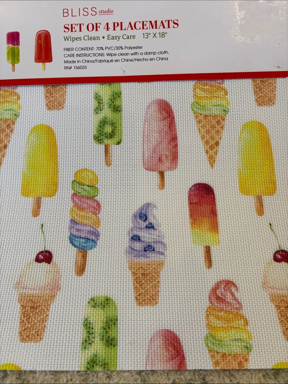 Ice Cream Popsicle Placemat Set of 4 NWT Bliss Studio 13x18” pvc polyester